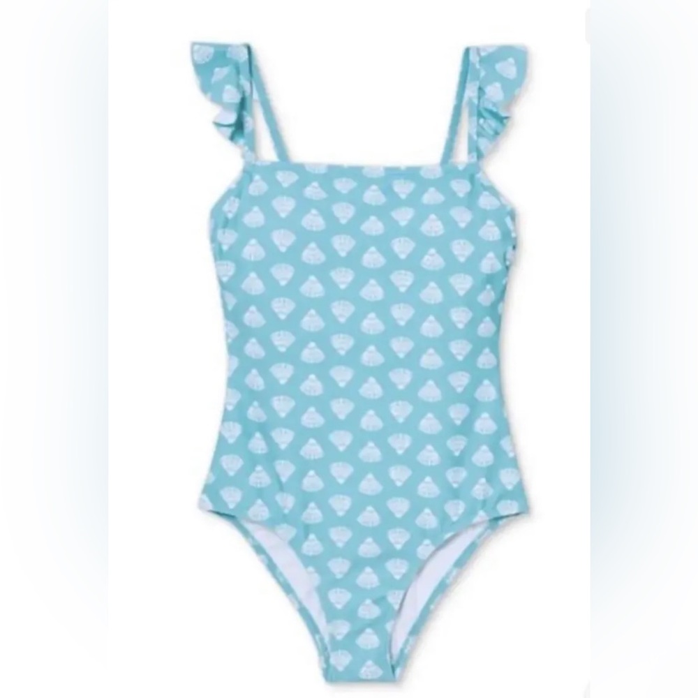 NEW Kona Sol Blue White Seashell Flutter Strap One Piece Swim Bathing Suit M